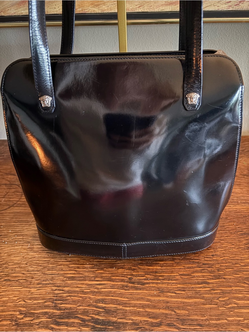 Gianni Versace Vintage 1990s Black Patent Leather Medusa Shoulder Bag